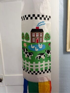 VTG Farm Scene Wind Sock 60” Barnyard Animals Cows Ducks Pig Rainbow 80s 90s